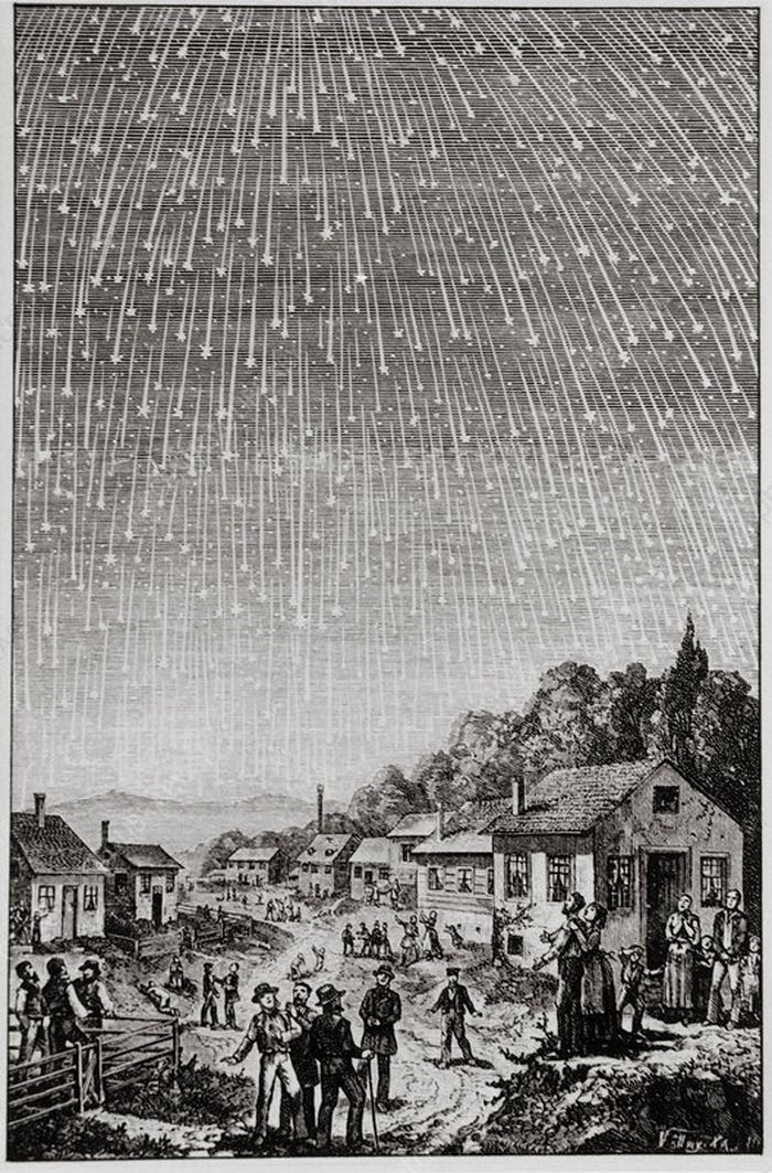 Penggambaran cukil kayu yang merekam peristiwa badai meteor yang terjadi pada 1833.