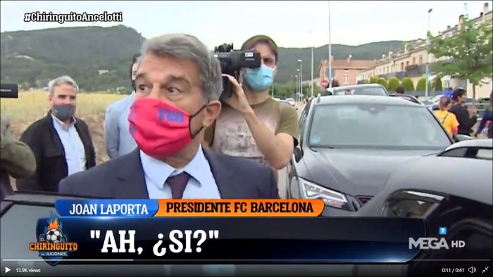 Ekspresi kaget Presiden Barcelona, Joan Laporta, saat mendengar Carlo Ancelotti menjadi pelatih anyar Real Madrid.