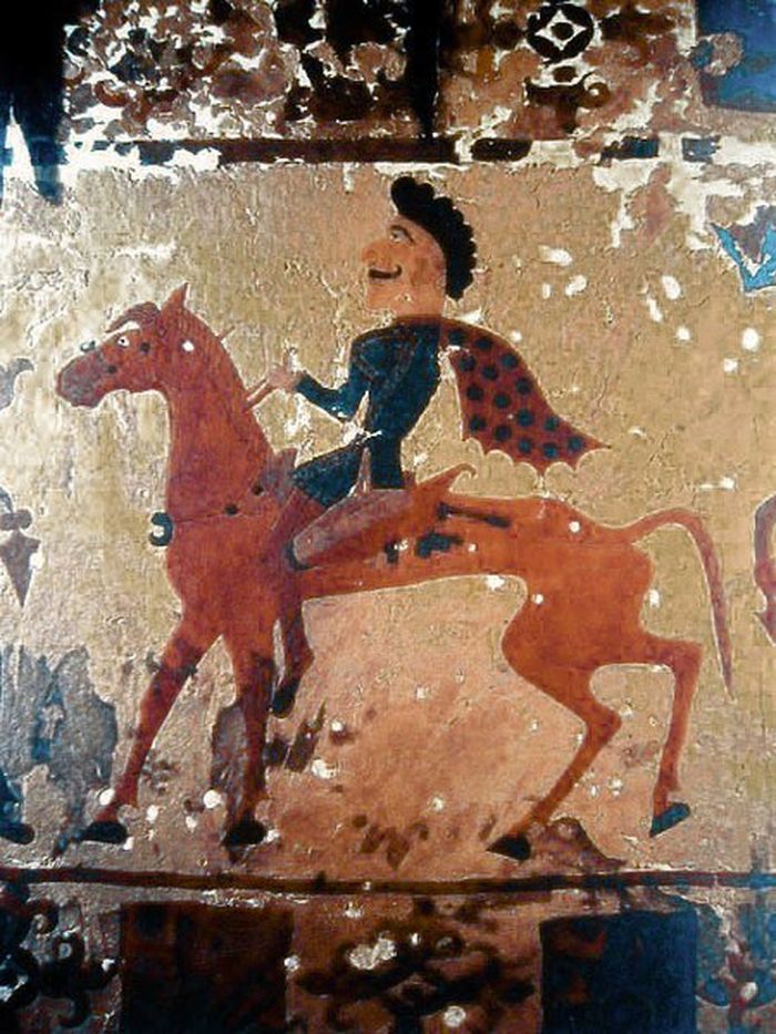 Penunggang kuda Pazyryk. Sekitar 300 SM. Detail dari karpet di State Hermitage Museum di St Petersburg.