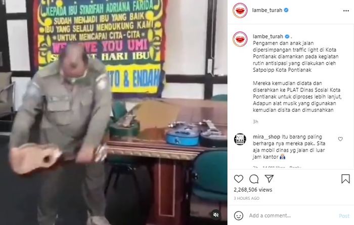 Unggahan akun @lambe_turah tentang anggota satpol PP yang merusak ukulele milik pengamen.
