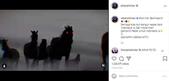 Unggahan Atta Halilintar tentang klup sepak bola barunya. 