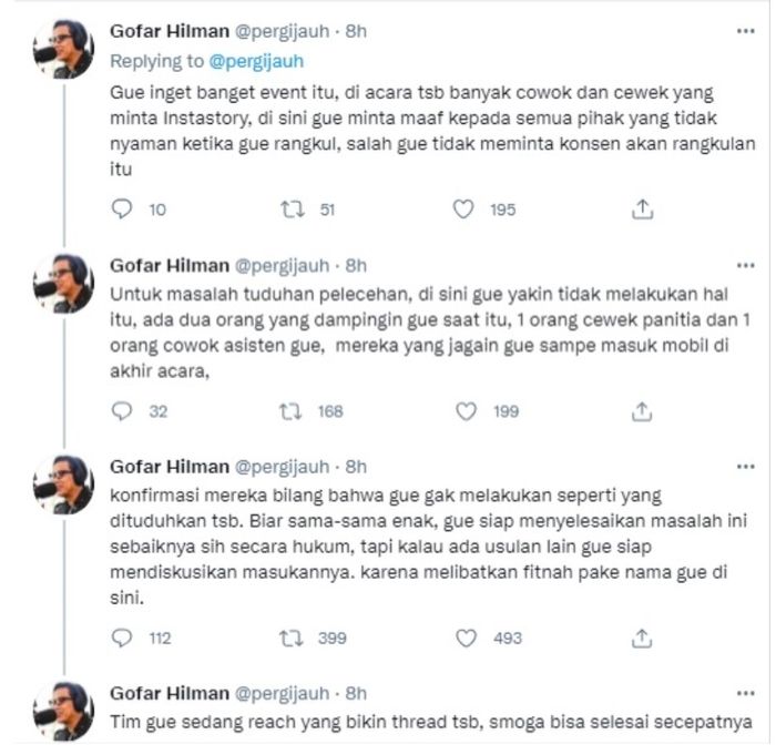 Tanggapan Gofar Hilman tentang tudingan melakukan pelecehan seksual.