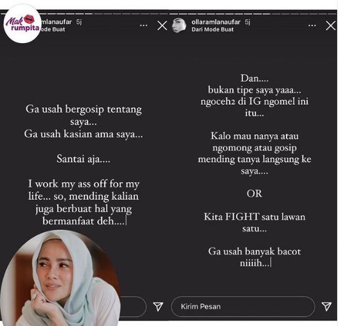 Unggahan Olla Ramalan yang diunggah ulang akun gosip instagram. Olla Ramlan diduga sindir seseorang di unggahan tersebut.