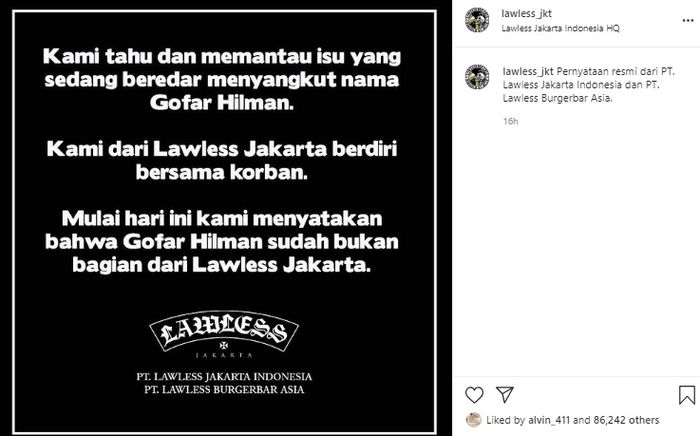 Unggahan Lawless Jakarta tentang Gofar Hilman