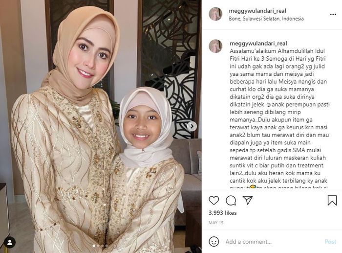 Unggahan Meggy Wulandari menjelaskan kondisi putrinya yang sempat menangis dimiripkan dengan sang papa, Kiwil.