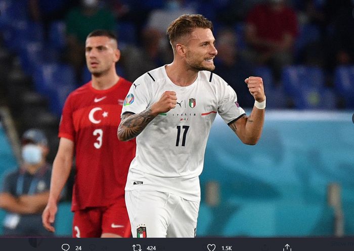 Ciro Immobile, mencetak gol dalam kemenangan 3-0 Italia atas Turki di EURO 2020, Jumat (11/6/2021) di Stadion Olimpico.