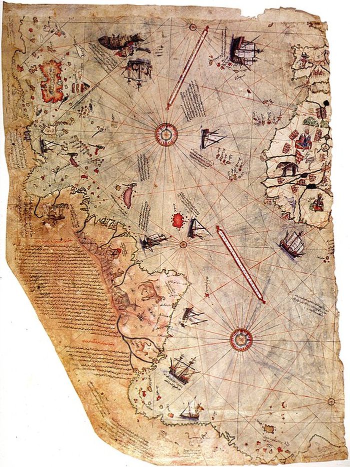 Fragmen peta bagian Atlantik yang dibuat Piri Reis pada 1513. Bagian bawah ini memiliki dataran yang misteri, antara Antartika atau bagian lengkap dari Amerika Selatan belahan selatan.