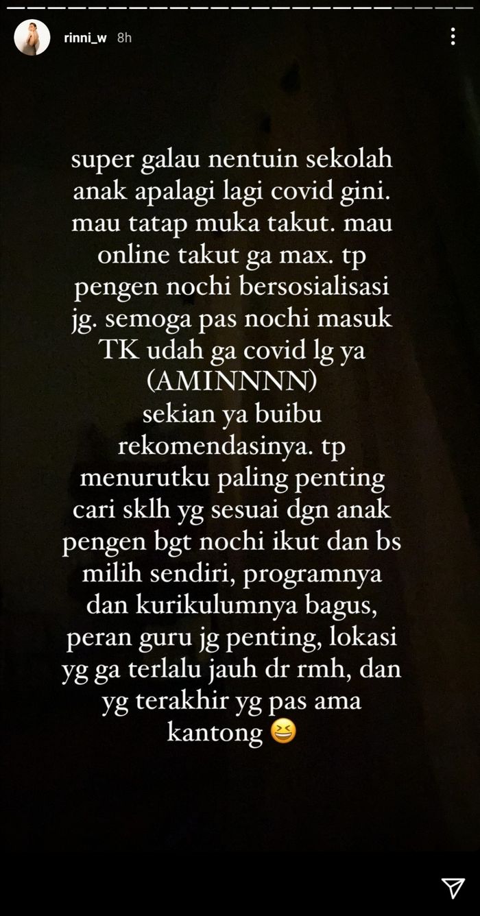 Tangkapan layar Instagram Story Rinni Wulandari.