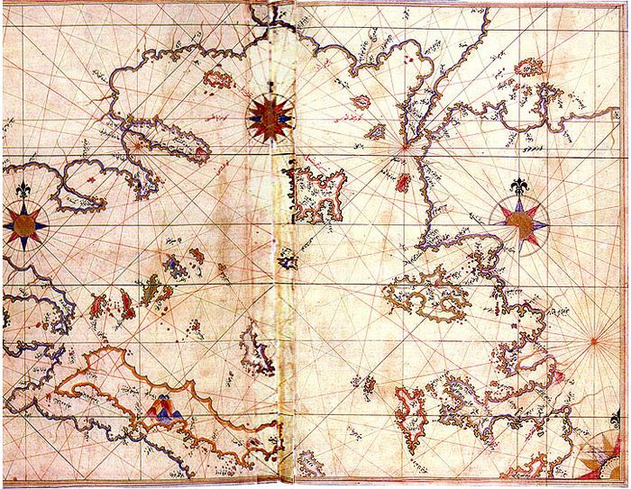 Laut Aegea dalam Kitab-ı Bahriye (Buku Navigasi) dari Piri Reis. Peta Rhodes dan Marmaris yang dibuat oleh Laksamana Turki Piri Reis muncul dalam buku panduan maritimnya pada 1528. Koleksi Perpustakaan Nuruosmaniye di Istanbul, Turki.