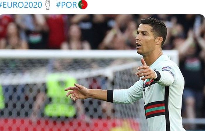 Ekspresi megabintang timnas Portugal, Cristiano Ronaldo, dalam laga Grup F EURO 2020 kontra timnas Hungaria di Stadion Puskas Arena, Selasa (15/6/2021).