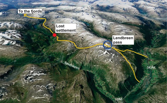 Peta ini menggambarkan jalan Lendbreen, Norwegia yang digunakan oleh petani, pedagang, dan pelancong pada sekitar tahun 300 M.