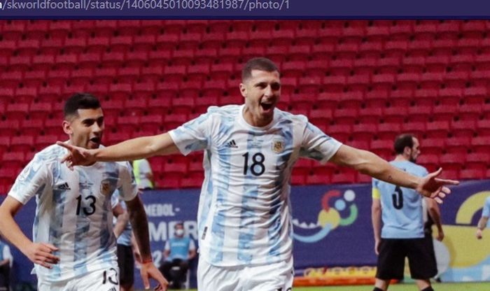 Pemain timnas Argentina, Guido Rodriguez, merayakan gol ke gawang timnas Uruguay dalam laga Grup A Copa America 2021 pada Sabtu (19/6/2021) pukul 07.00 WIB. 