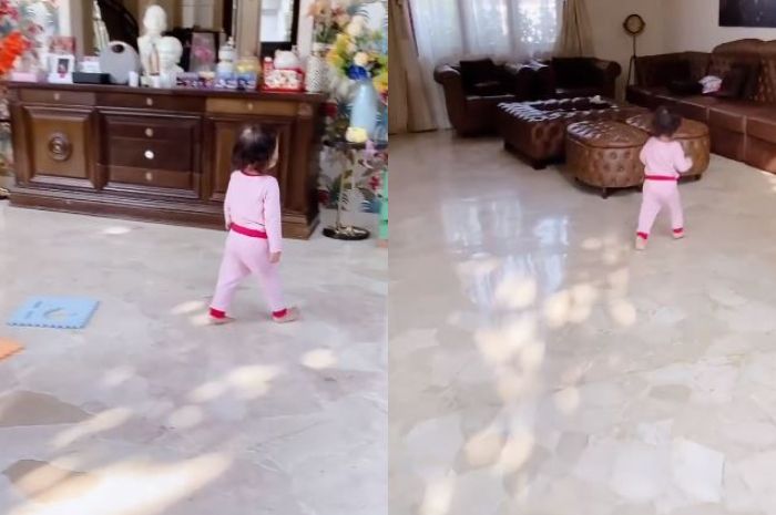 Putri bungsu Ruben Onsu saat berlari-lari di ruang keluarga 