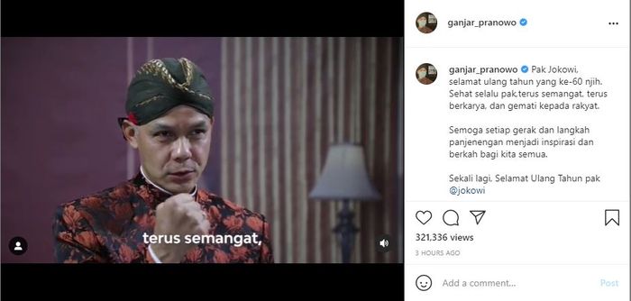 Unggahan Ganjar Pranowo di ulang tahun Jokowi.