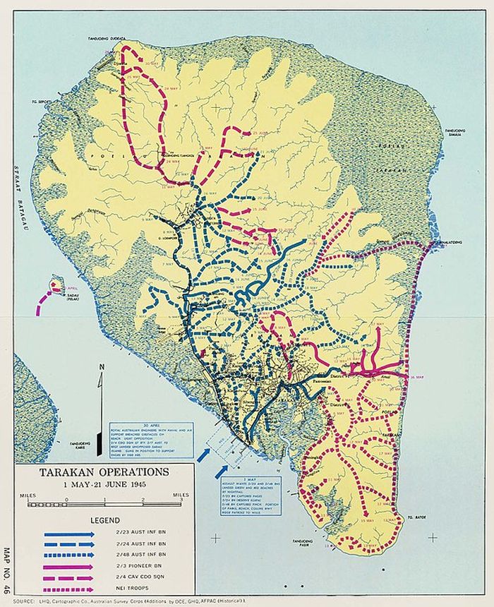 Rute pasukan Sekutu untuk menguasai Tarakan dari Jepang pada 1945.
