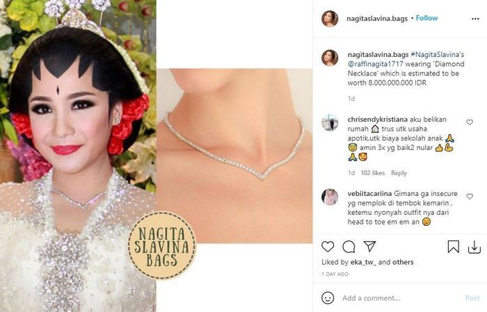 Nagita Slavina terlihat memakai kalung berlian yang diketahui berharga 8 miliar rupiah