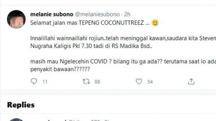 ucapan duka Melanie Subono atas meninggalnya vokalis Steven &amp; Coconut Treez