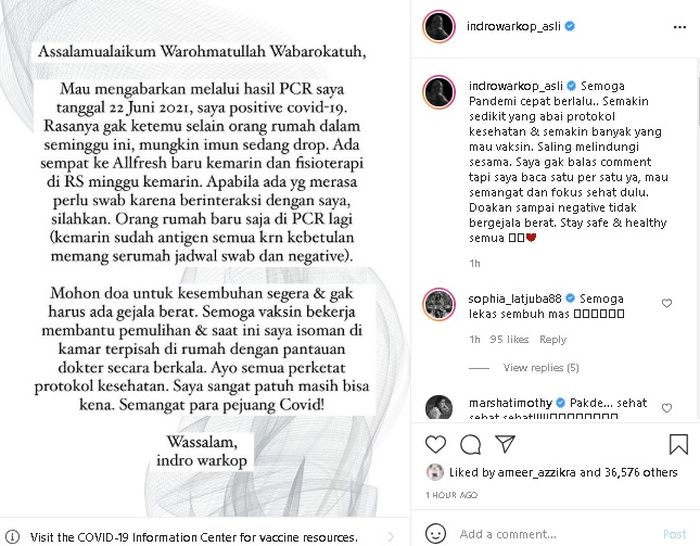 Unggahan Indro Warkop tentang dirinya yang terinfeksi virus Corona.