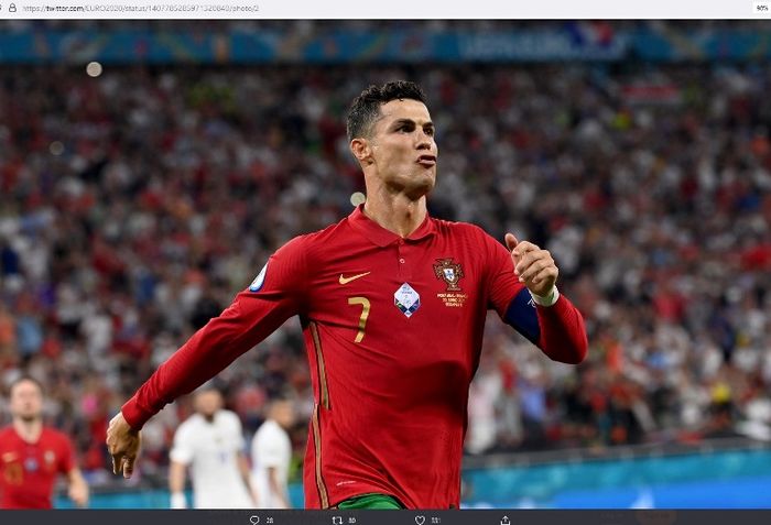 Megabintang timnas Portugal, Cristiano Ronaldo, dalam laga kontra Prancis pada penyisihan grup EURO 2020.