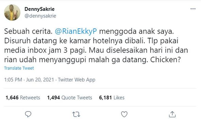 Tudingan pelecehan seksual yang menimpa Rian D'Masiv diunggah oleh pengamat musik Denny Sakrie.