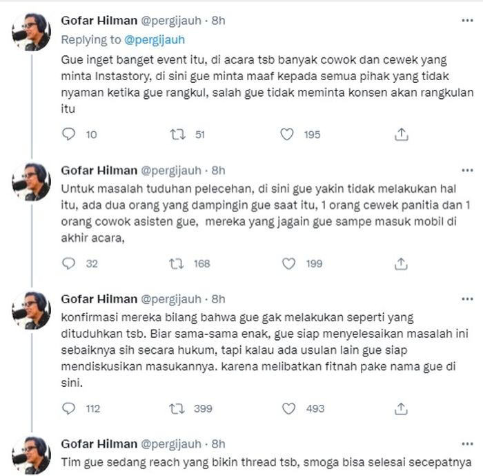 Tanggapan Gofar Hilman tentang tudingan melakukan pelecehan seksual.