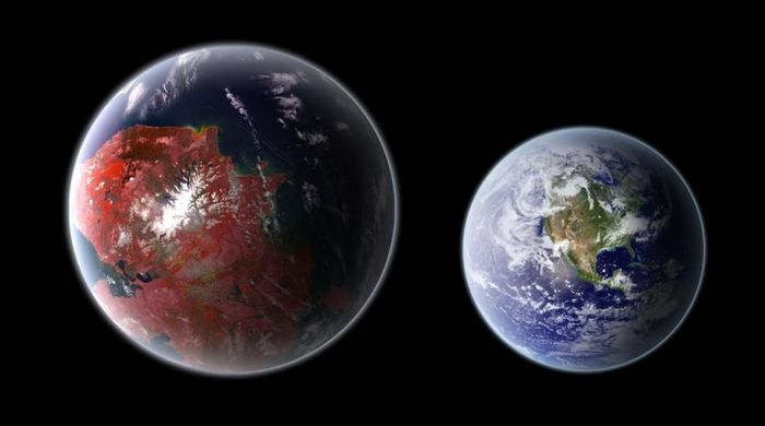 Komparasi Kepler-221b (kiri) dengan Bumi (kanan).