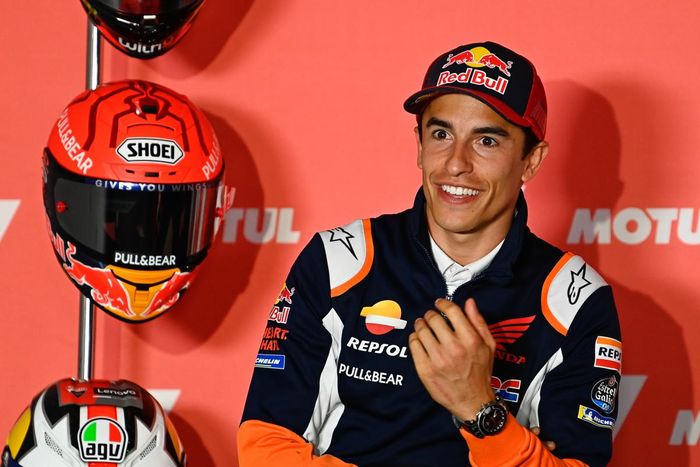 Pembalap Repsol Honda, Marc Marquez, pada konferensi pers jelang seri balap MotoGP Belanda, Kamis (24/6/2021).