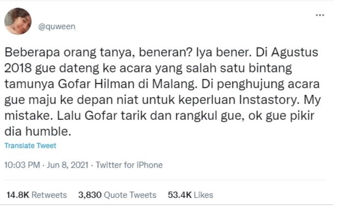 Pengakuan seorang netizen yang mengaku dilecehkan oleh Gofar Hilman.