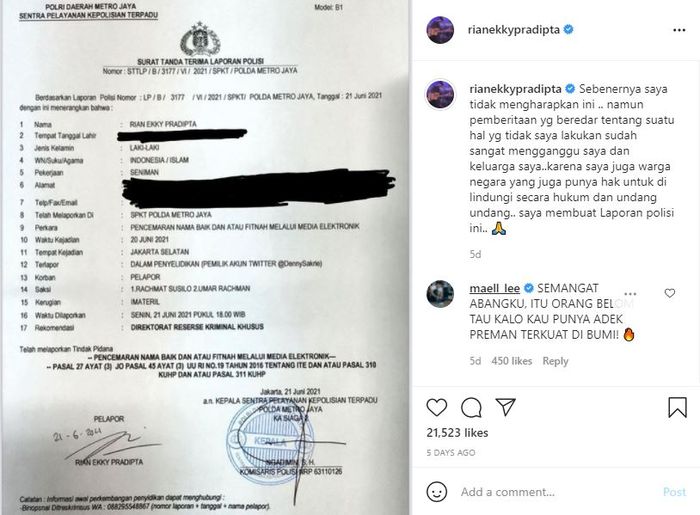 Rian D'Masiv Unggah Bukti Telah Melaporkan Akun Twitter @dennysakrie ke Polisi