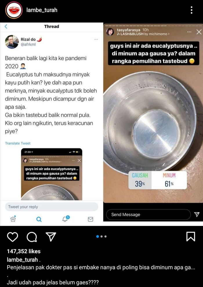 Tangkapan layar Instagram Tasya Farasya dan cuitan Warganet di Twitter tentang minum minyak kayu putih.