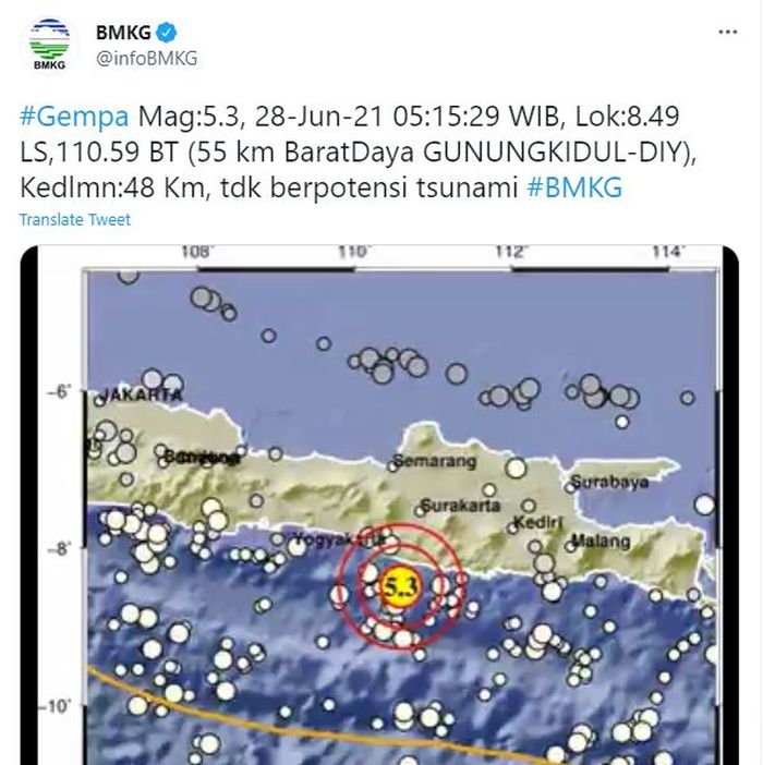 Twitter BMKG Informasikan Gempa di Gunung Kidul