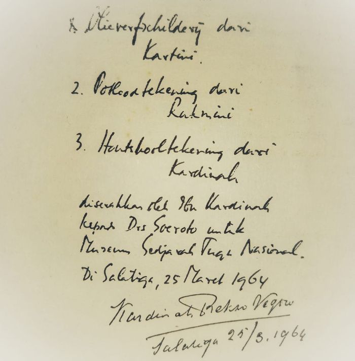 Salinan bukti penyerahan tiga lukisan dari Kardinah kepada Soeroto, selaku Panitia Museum Sejarah Tugu Nasional. Penyerahan dilakukan di rumah Kardinah di Salatiga pada 25 Maret 1964.