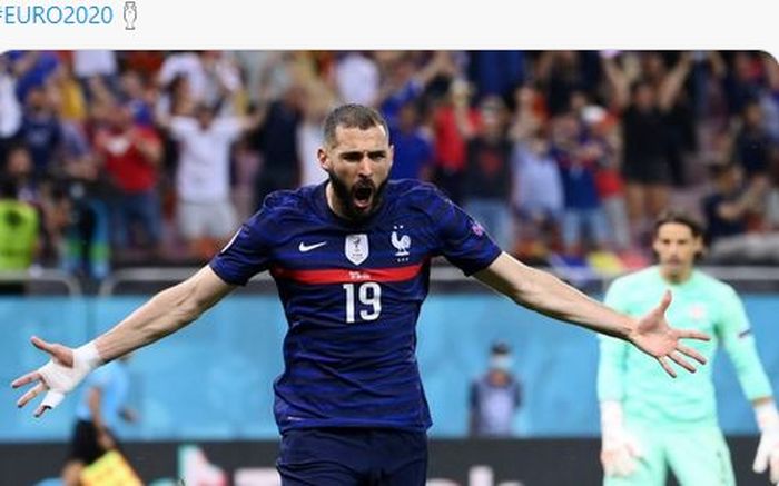 Striker timnas Prancis, Karim Benzema, merayakan gol ke gawang timnas Swiss dalam laga 16 besar EURO 2020 di Stadion National Arena Bucharest, Senin (28/6/2021).