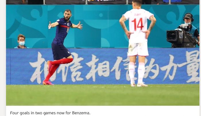 Selebrasi penyerang Prancis, Karim Benzema, usai mencetak gol ke gawang Swiss pada pertandingan 16 Besar EURO 2020 di National Arena Bucharest, Rumania, Selasa (29/6/2021) pukul 02.00 WIB.