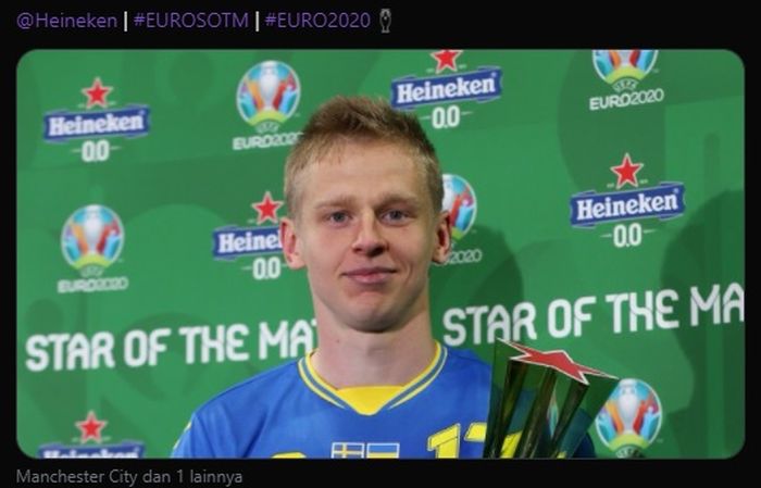 Bek sayap Manchester City, Oleksandr Zinchenko, terpilih sebagai star of the match di laga Ukraina melawan Swedia