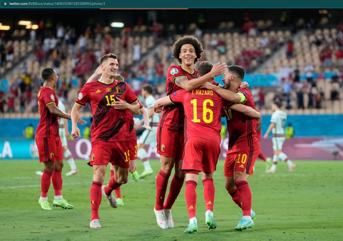 Timnas Belgia merayakan kemenangan 1-0 atas Portugal pada babak 16 besar Euro 2020.