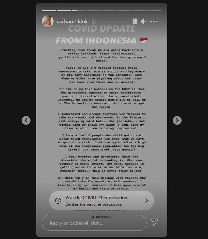 Unggahan Istri Marc Klok, Cacherel Klok, yang memprotes kebijakan PPKM Darurat di Indonesia (3/7/2021). 