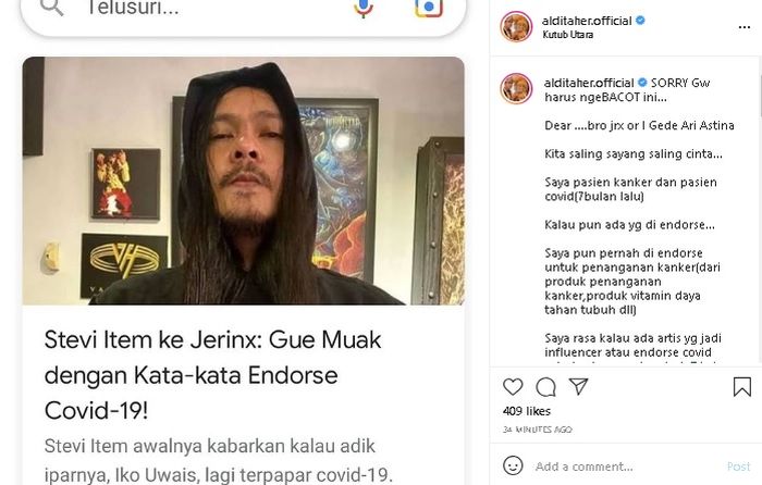Unggahan Aldi Taher tentang Jerinx SID.