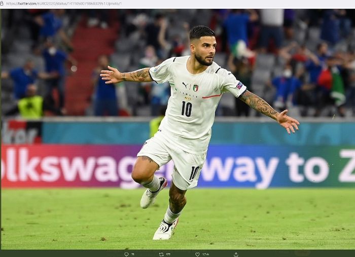 Selebrasi penyerang Italia, Lorenzo Insigne, usai menjebol gawang Belgia pada perempat final EURO 2020.