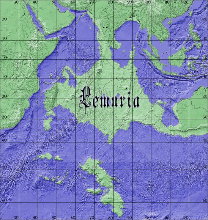 Peta hipotesis benua yang hilang—Lemuria atau orang-orang Tamil menyebutnya Kumari Kandam.