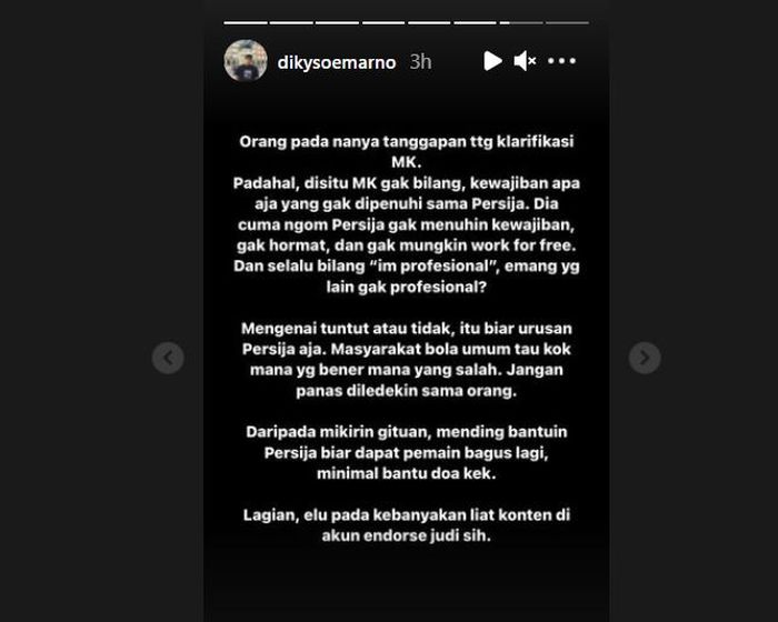 Tangkapan layar Instastory Ketum Jakmania, Diky Soemarno.