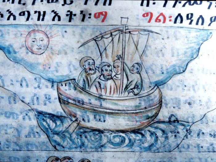 Detail dari manuskrip yang dibuat untuk Raja Lebna Dengel, sekitar tahun 1520, Biara Tädbabä Maryam, Ethiopia. (Foto oleh Diana Spencer, milik Proyek DEEDS)