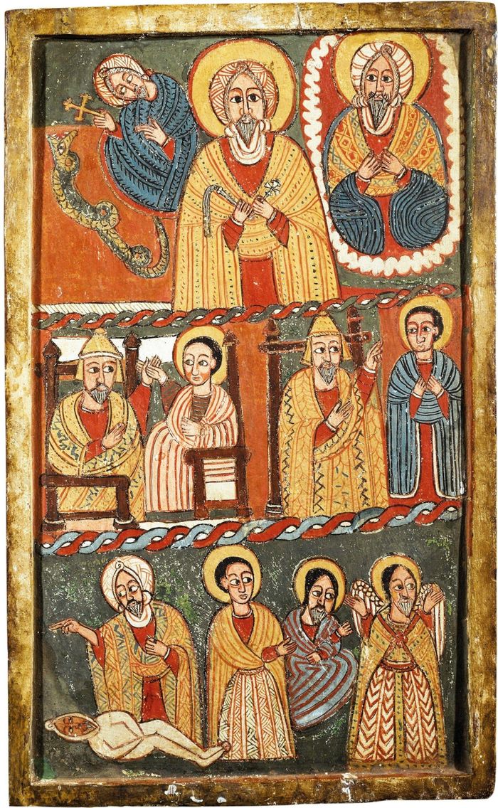 Salomo dan Sheba (bingkai tengah). Ikon Ethiopia, abad ke-18. Foto oleh Pertemuan alkitabiah ini memiliki dampak besar pada imajinasi popule. Lukisan ini memproyeksikan tema keindahan, kekayaan, kekuasaan, eksotisme, intrik, sihir, dan cinta.