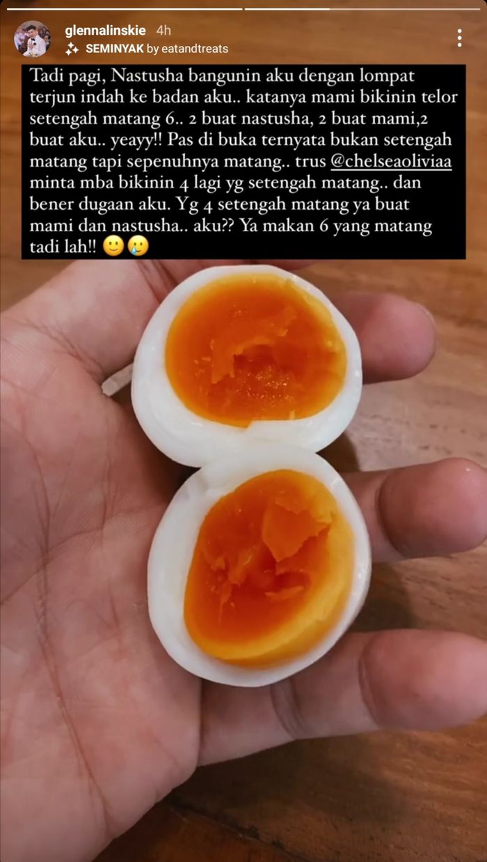 Unggahan Glenn Alinskie tentang telur rebus setengah matang yang gagal dibuat Chelsea Olivia.