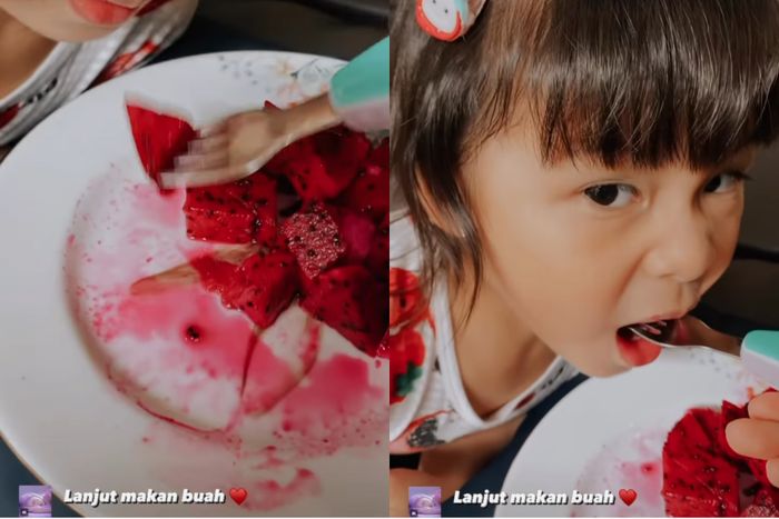 Anak Chelsea Olivia terlihat lahap makan buah naga.