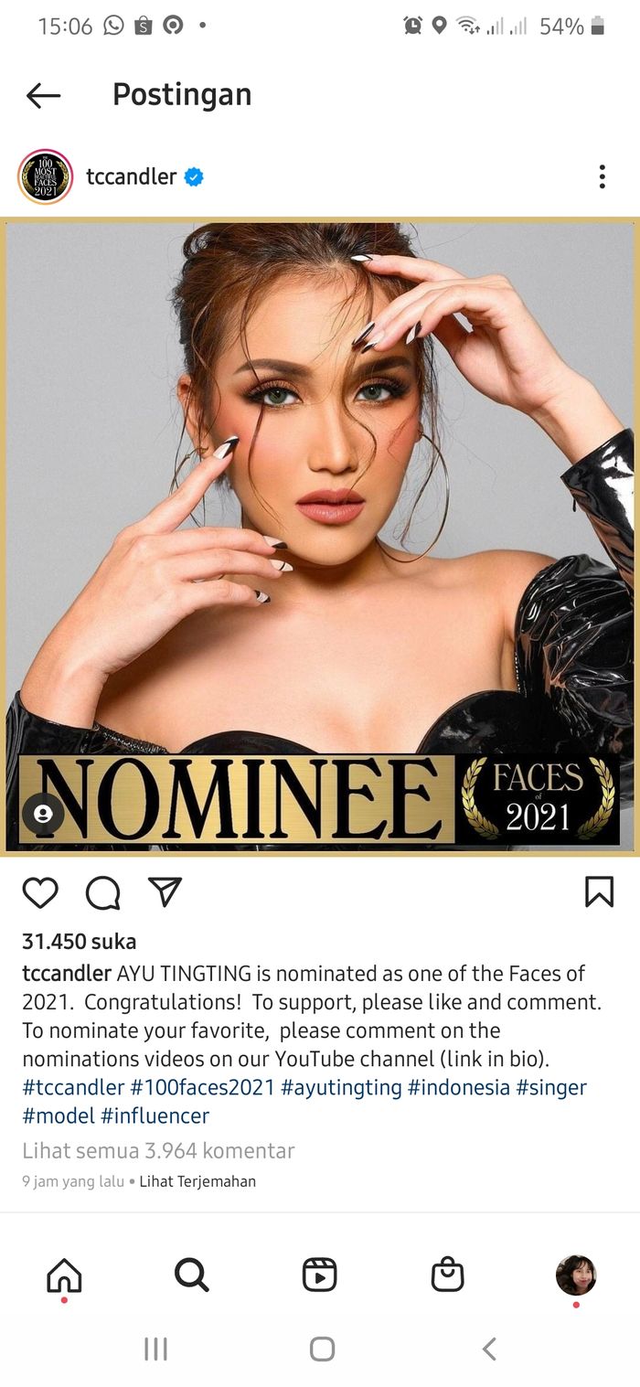 Ayu Ting Ting kembali masuk dalam nominasi 100 wanita tercantik di dunia versi TC Candler 2021.  