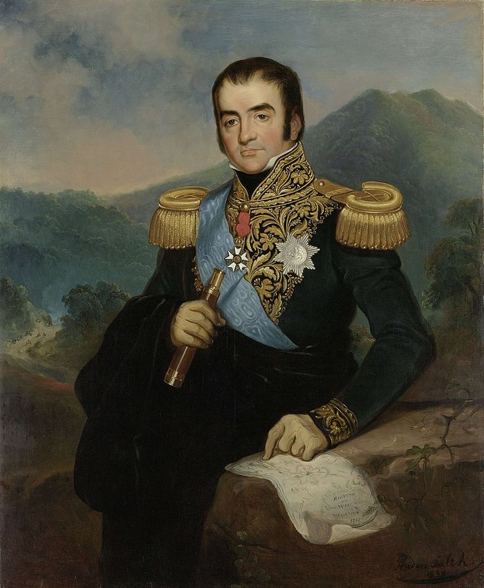 Potret Herman Willem Daendels, Gubernur Jenderal Hindia Belanda  1808-1810. Lukisan Raden Saleh berdasarkan miniatur tertanggal 1816 karya seniman Prancis S.J. Rochard. Dalam lukisan ini Daendels  menunjuk peta De Grote Postweg (Jalan Pos Besar) dengan tulisan Rigting van Weg Megamendong 1818 (arah jalan di Megamendung). Latar belakangnya, Jalan Raya Pos di Puncak Pass, dengan Gunung Pangrango.