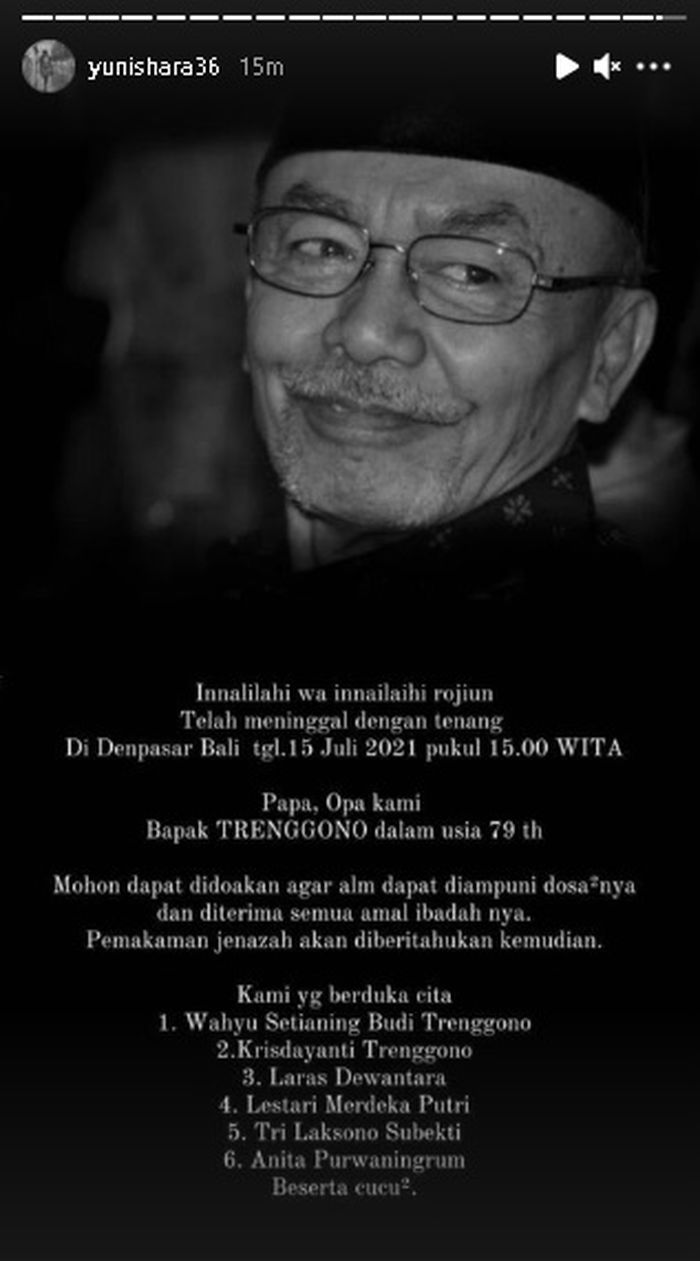 Unggahan Yuni Shara tentang ayahnya yang meninggal dunia.