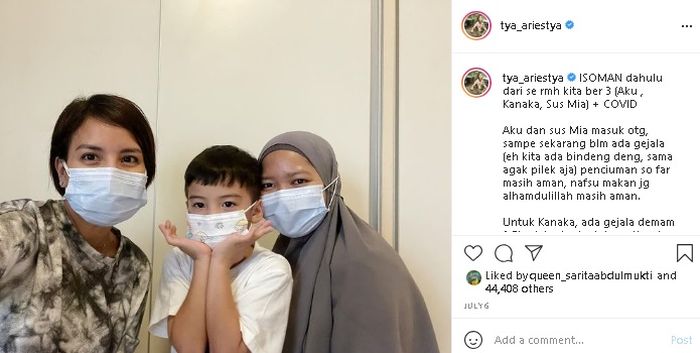 Unggahan Tya Ariestya yang mengumumkan dirinya Positif Covid-19. 