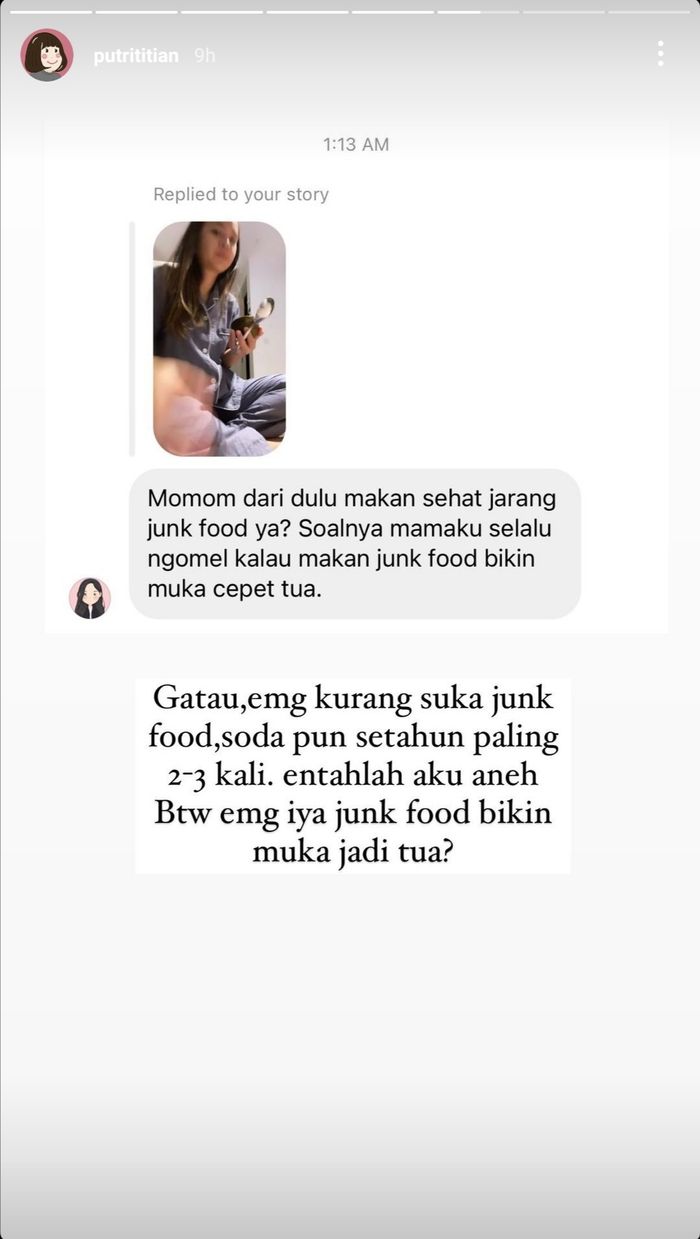 Unggahan Putri Titian yang mengaku tidak terlalu suka junk food.